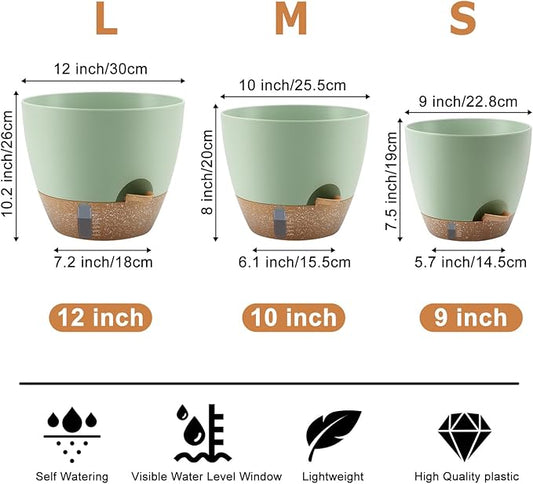 QRRICA 12/10/9 Inch Self-Watering Plant Pots with Water Level Indicator, Drainage Holes & Saucers – Large Plastic Planter Set for Indoor & Outdoor Plants (Green)