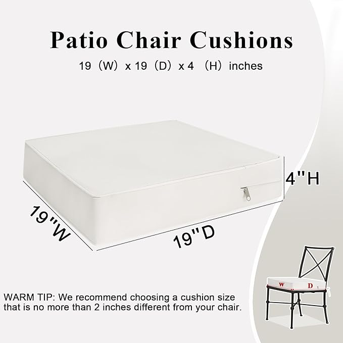 Outdoor Chair Cushions 19x19x4 Inch, Waterproof Beige Patio Furniture Cushions Set of 2 with Ties & Handle, 3 Year Color Fastness Square Replacement Seat Cushions for Sofa, Couch