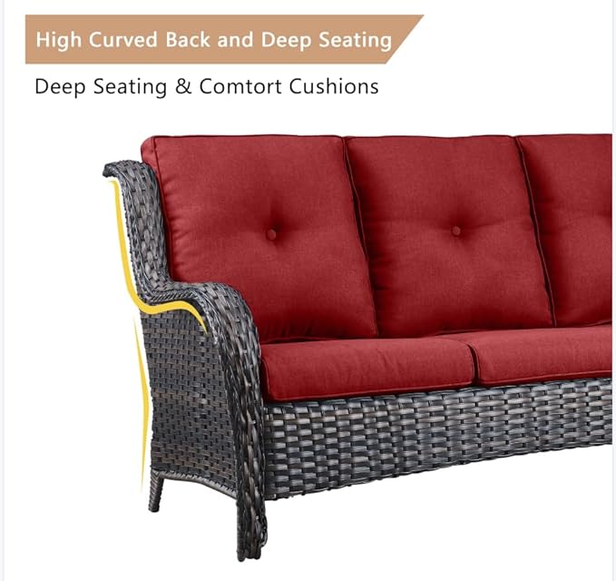 HUMMUH Outdoor Furniture 6 Pieces Patio Furniture Set Wicker Outdoor Sectional Sofa with 2 Patio Chairs,Ottomans,Coffee Table(Brown/Red)