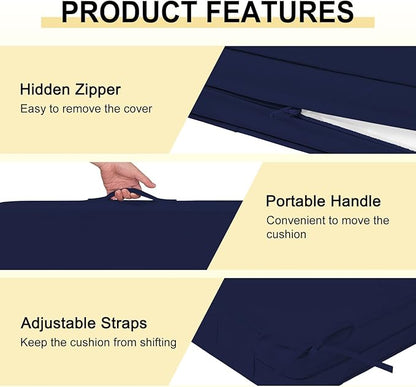 downluxe Waterproof Outdoor Chair Cushions for Patio Furniture, 18" x 18" x 2" Patio Chair Cushion with Adjustable Ties & Portable Handle, Square Outdoor Cushion with Removable Cover, Navy, 2 Pack