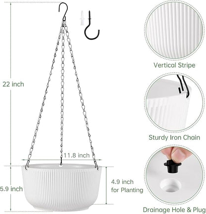 Set of 2 White Hanging Planters for Outdoor Indoor Plants, 12 Inch Self-Watering Hanging Plant Pots with Drainage Hole & Plug (Hooks)