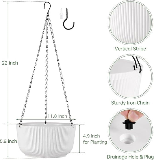 Set of 2 White Hanging Planters for Outdoor Indoor Plants, 12 Inch Self-Watering Hanging Plant Pots with Drainage Hole & Plug (Hooks)