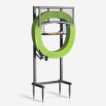 Garden Hose Holder Freestanding with Storage Basket, Holds Up to 165FT Hose, Heavy Duty Metal Water Hose Holder with 4 Anchor Spikes, for Yard, Lawn & Patio