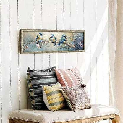 Rustic BlueBird Wooden Wall Art: Colorful Bird Framed Painting Vintage Sparrow Picture Cute Chickadee on Flower Branch Prints Countryside Artwork Decor for Living Room Bedroom Farmhouse