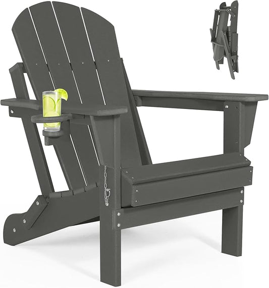 Folding Adirondack Chairs - Plastic Adirondack Chairs with Cup Holder, Weather Resistant for Outdoor, Patio, Lawn, Garden, Backyard Deck, Fire Pit - Dark Gray