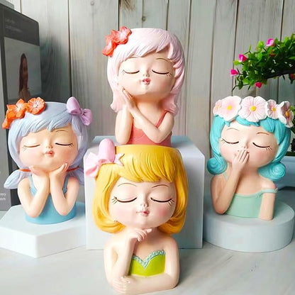 4pcs Cute Head Planter Resin Succulent Planter Little Girl Flower Pot, Human Face Cactus Plants Container Bonsai Holder Thumb Pot Fairy Figurine Statue Planters with Drainage Decor Gift (Colorful)