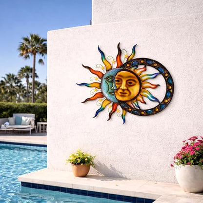 Glitzhome Sun and Moon Wall Decor, 33.5 Inch Celestial Metal Wall Art with Glossy Color Finish and Antique Details, Outdoor Sun and Moon Decor for Garden Porch Patio Home