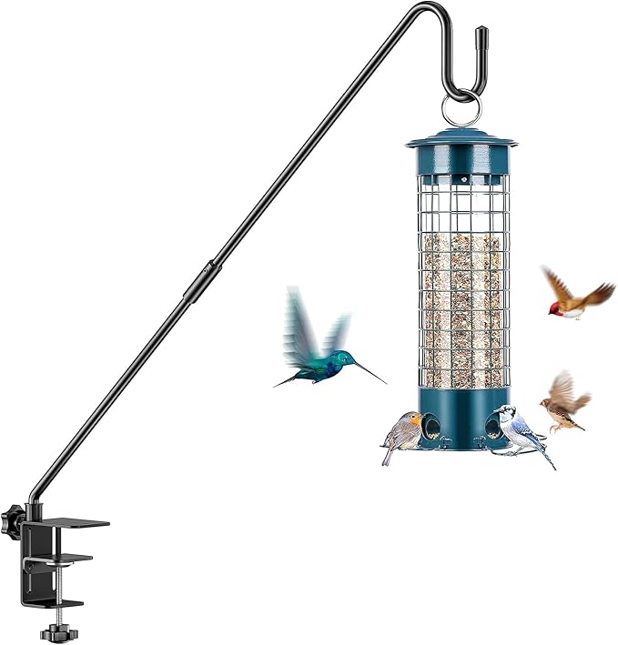 Heavy-Duty Adjustable Deck Railing Hook – 28" Rotating, Clamp-Mount Hanger for Bird Feeders, Wind Chimes & Hanging Plants (Fits Up to 2.75", 12 lbs)