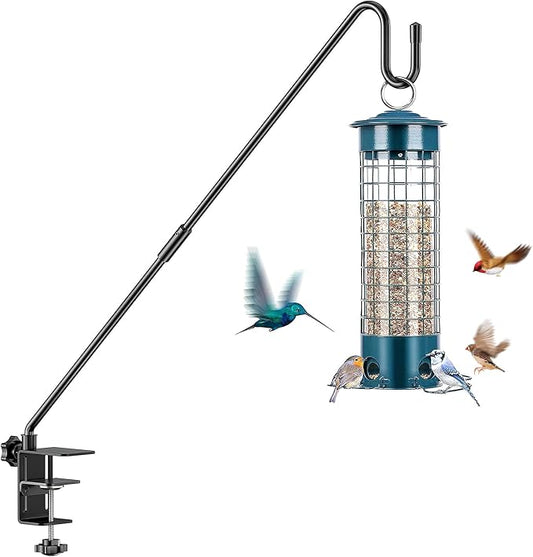 Heavy-Duty Adjustable Deck Railing Hook – 28" Rotating, Clamp-Mount Hanger for Bird Feeders, Wind Chimes & Hanging Plants (Fits Up to 2.75", 12 lbs)