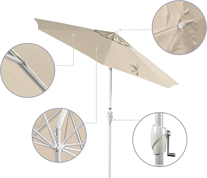 California Umbrella 7.5' Rd Aluminum Patio Umbrella, Crank Lift, Auto Tilt, White Finish