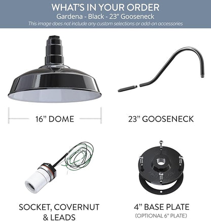 Steel Lighting Co. Gardena Barn Light | Outdoor Wall Mounted | 16" Dome | 23" Gooseneck | Farmhouse Light Made in America | Black Exterior/White Interior