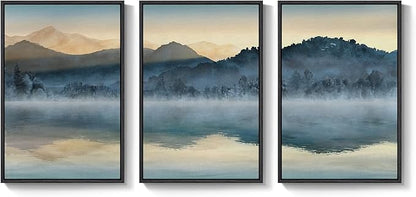 Framed Watercolor Mountain Wall Art for Living Room, Large Lake Nature Landscape Artwork for Walls, 3 Piece Blue Foggy Scenic Aesthetic Canvas Painting Prints for Office Hallway Wall Decor, 24x36 Inch
