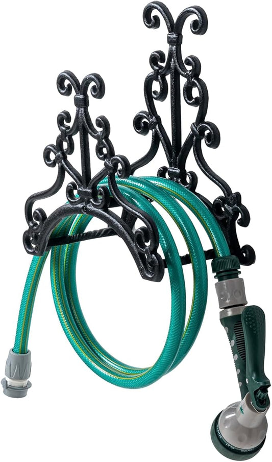 MyGift Brown Heavy Duty Cast Iron Outdoor Garden Hose Hanger Wall Mounted Water Hose Holder Reel with Vintage Scrollwork Design (Floral Pattern)