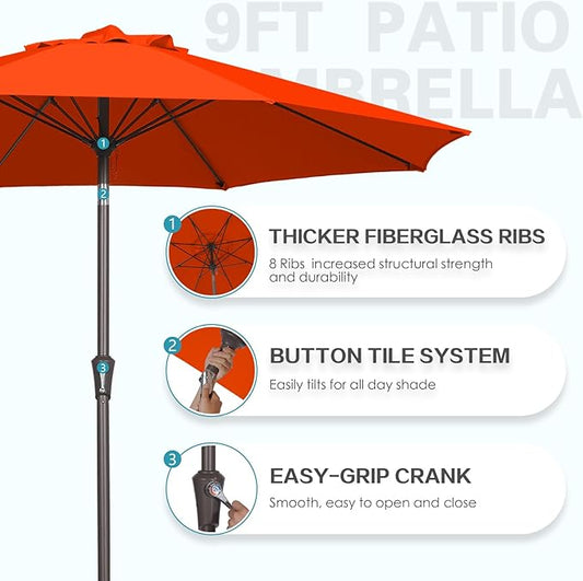 PatioKingdom 9FT Patio Outdoor Umbrella-UPF 50+ Sun Shade with Wind Vent, Push-Button Tilt & Smooth Crank Lift, Rust-Resistant Fiberglass Frame for Garden, Backyard,Yard (Orange, 9FT)
