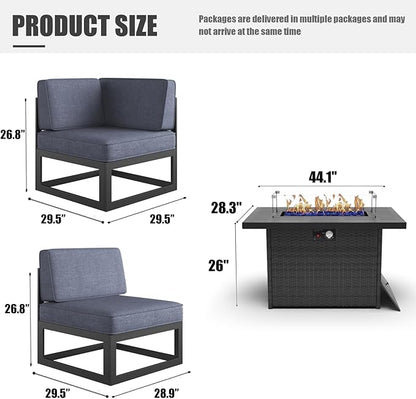 LayinSun Large Aluminum Patio Furniture Set with Fire Pit Table, 6 Pieces Modern Outdoor Conversation Set Sectional Metal Sofa Set with Olefin Cushion