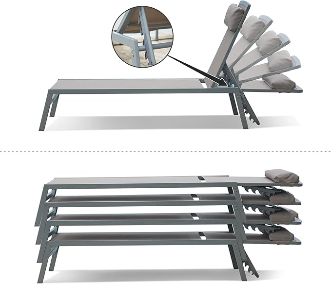 Domi Patio 3 Pieces Aluminum Textilene Chaise Lounge Set with Side Table Outdoor, Adjustable Back and Pillow for Yard Garden Sunbathing for All Seasons Khaki