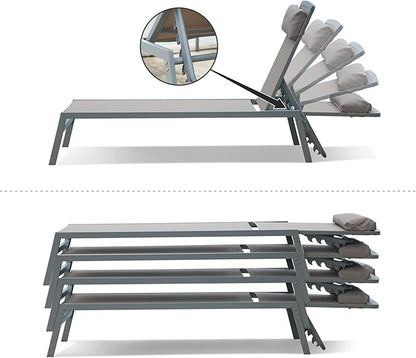 Domi Patio 3 Pieces Aluminum Textilene Chaise Lounge Set with Side Table Outdoor, Adjustable Back and Pillow for Yard Garden Sunbathing for All Seasons Khaki