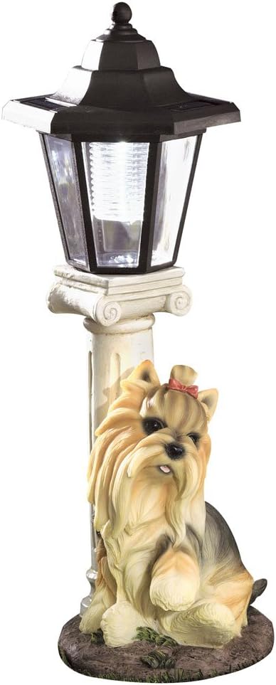 Bits and Pieces - Solar Yorkie Lantern-Solar Powered Garden Lantern - Resin Dog Sculpture with LED Light - Yorkshire Terrier - 13.5" Tall