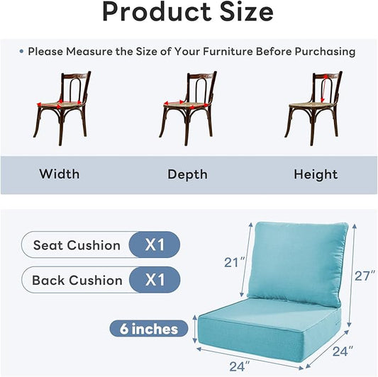 6 inches Thicker Outdoor Chair Cushion Set- 24" *24" *6" Waterproof Patio Furniture Cushions with Removable Cover, 28D High Density Sponge Filling Thicken Outdoor Patio Cushions - Turquoise