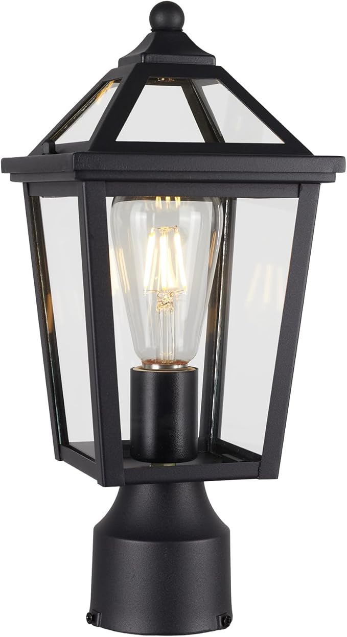 Colonial Outdoor Post Light Fixture,Modern Exterior Pillar Lantern with Black Finish & Clear Glass, Pole Light for Garden, Backyard, Courtyard, Patio, Pathway,RZ-032P BK