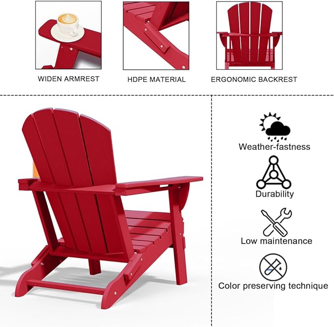 Folding Adirondack Chair with Cup Holders Set of 2, HDPE Plastic Outdoor Chairs, Weather Resistant, Real Wood Look for Patio, Deck, Fire Pit, Backyard, Red