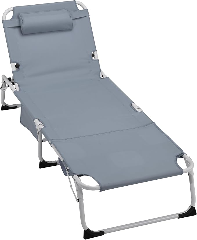 3-in-1 Oversized Sun Tanning Chair with Mat & Face Hole, Heavy Duty Folding Chaise Lounge - 5-Position Adjustable Outdoor Chair for Beach, Pool, Patio, Lawn, Yard - Includes Pillow