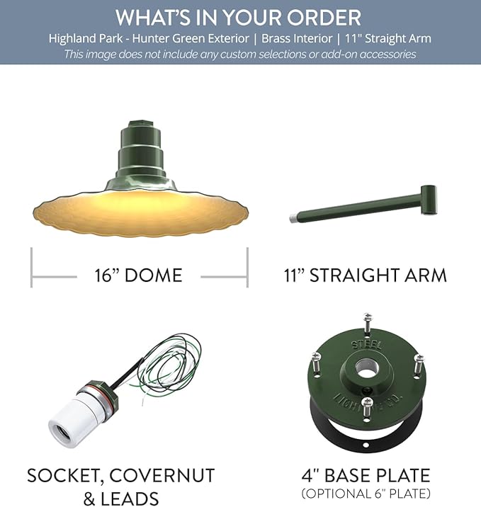 Steel Lighting Co. Highland Park Barn Light | Outdoor Wall Mounted | 16 inch Radial Wave | 11" Straight Arm | Vintage Style Made in America | Hunter Green Exterior/Brass Interior