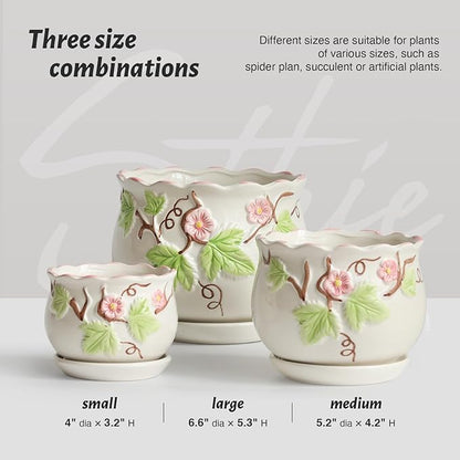 STHIE Ceramic Plant Pots with Drainage Holes and Saucers, Round Flower Pots for Indoor Plant, 4/5.2/6.6 Inches Vintage Flower Planters Set of 3
