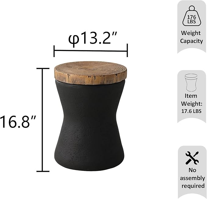 HOMPUS Outdoor Concrete Side Table Sets of 2, 2 Pieces Black Round Patio End Table, Small Outdoor Accent Table, Hourglass Shaped Garden Stool for Paito, Outside, Black
