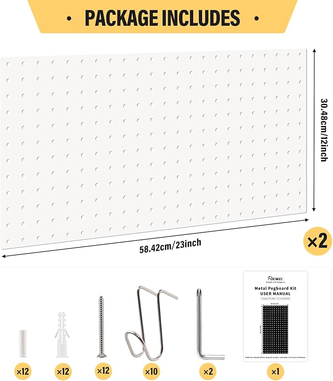 DEWEL Peg Board, 23" x 12" Peg Board Tool Organizer Panel Set, 2 Pack Metal Pegboard Panels with Accessories, Heavy Duty Pegboard for Walls Home, Garage, Office, Craft Room, Kitchen（2pcs white）