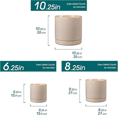 vancasso Ceramic Planters, Plant Pots for Indoor Plants, 6.25+8.25+10.25 Inch Ceramic Pots for Plants, Flower Pots with Drainage Holes (Gray, 6.25+8.25+10.25 Inch)