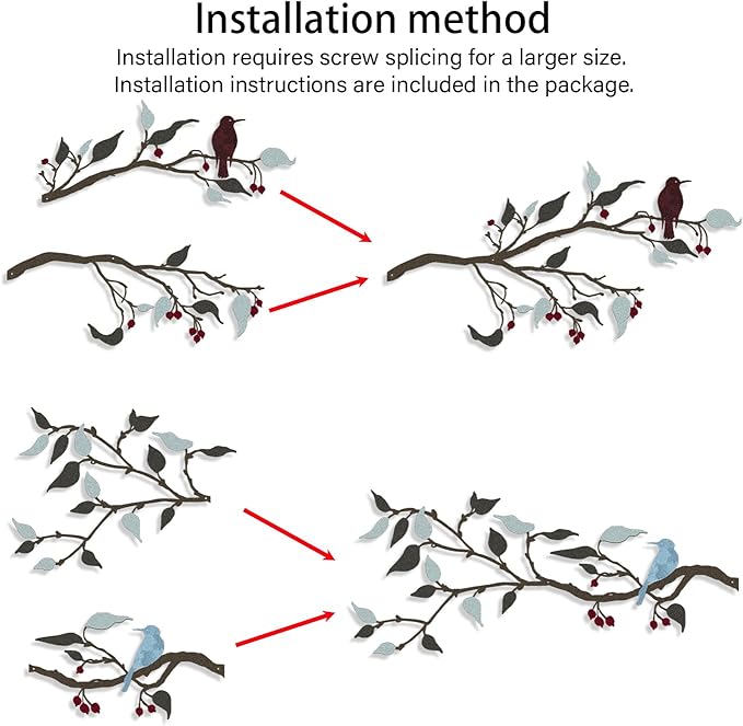 Harikikochuu 4PCS Metal Birds Wall Decor, Birds on the Branch Silhouette Art, Metal Leaves with Bird Outdoor Hanging Wall Sculpture for Home Office Balcony Garden Decor.（Colorful,Hummingbirds）