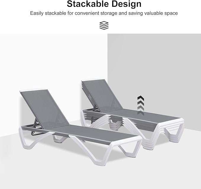 PURPLE LEAF Patio Chaise Lounge Chair Outside Aluminum Plastic Stackable Tanning Chairs for Pool Sunbathing Beach Deck Outdoor Lounger, Grey