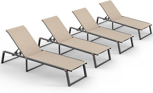 Aluminum Chaise Lounge Chair Outdoor, Foldable& No Assembly Patio Pool Lounge Chairs 5-Position Recliner for Outside, Fully Grounded Legs Sun Lounger for Poolside, 4 Packs, Khaki