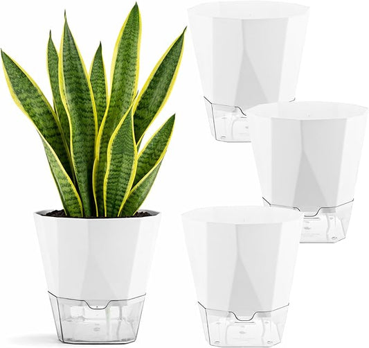 4 Pack Self Watering Pots for Indoor Plants, 10 Inches Self Watering Planters African Violet Pots Clear Pots for Herb Orchid Flower Houseplant, White