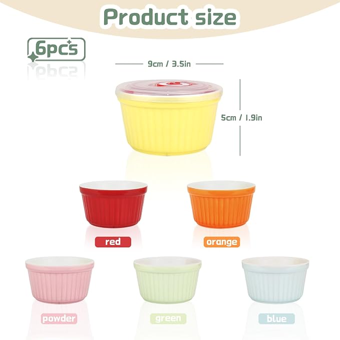 8OZ Ceramic Ramekins with Lids Set of 6 for Baking | Colorful Ceramic Cups, Dishwasher & Oven Safe, for Baking, Ceramic Custard Cups,dips