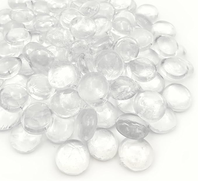 Flat Glass Marbles 1 Pound Vase Filler Fire Pit Glass Pebbles for Indoor Plants, Aquarium Fish Tank Decorations, Home Decor, Fire Pit, Landscaping, Arts Crafts (Clear)