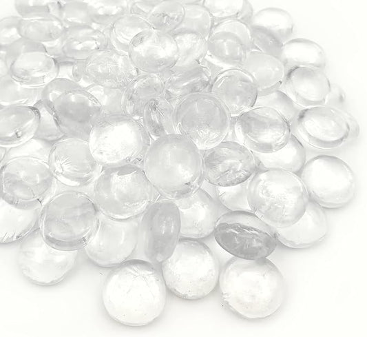 Flat Glass Marbles 1 Pound Vase Filler Fire Pit Glass Pebbles for Indoor Plants, Aquarium Fish Tank Decorations, Home Decor, Fire Pit, Landscaping, Arts Crafts (Clear)