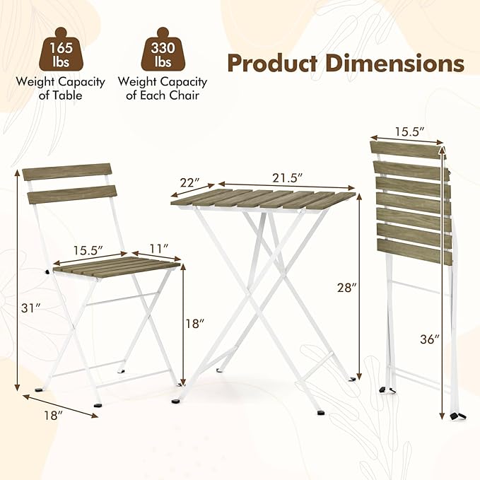 Giantex 3-Piece Acacia Wood Bistro Set, Patio Bistro Table with 2 Folding Chairs, Slatted Seat & Tabletop, Metal Frame, Outdoor Furniture Set for Backyard, Porch, Garden, Poolside (White + Gray)