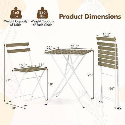 Giantex 3-Piece Acacia Wood Bistro Set, Patio Bistro Table with 2 Folding Chairs, Slatted Seat & Tabletop, Metal Frame, Outdoor Furniture Set for Backyard, Porch, Garden, Poolside (White + Gray)