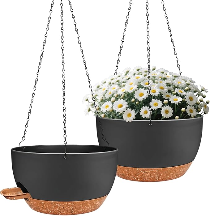 12 inch Hanging Planters for Indoor Outdoor Plants, 2 Pack Self Watering Hanging Planter with Drainage Holes and Saucer, Plastic Hanging Flower Pots with Chains for Kitchen, Balcony, Garden