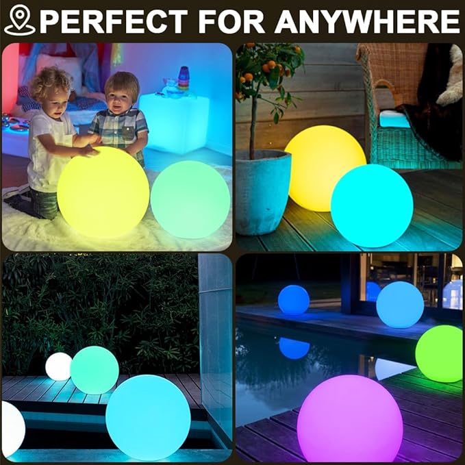 12-in LED Glowing Ball Light, Rechargeable LED Globe Orb Light w/Remote (1PC) and 16-in Cordless LED Globe Orb Night Light, 16 RGB Colors Changing Waterproof Light Up Ball w/Remote (1PC)