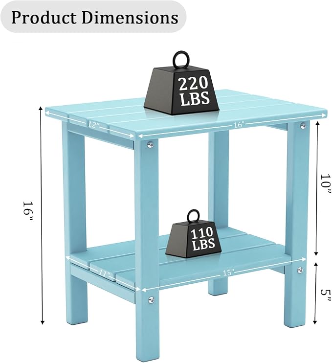 OTSUN Adirondack Outdoor Side Table, 16" HDPE Patio Side Table with Shelf, Weather Resistant Easy Maintenance for Backyard Pool Porch Garden & Lawn