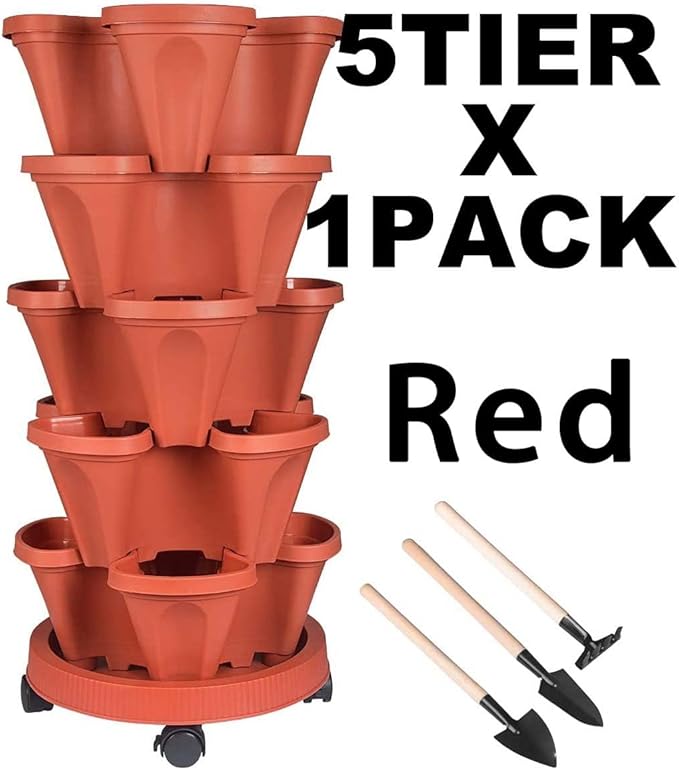 GameXcel Vertical Planter Tower - 5 Tier Stackable Garden Planters with Wheels and Tools Plant Pots for Strawberry Herb Flower and Vegetable Indoor Outdoor Use Red