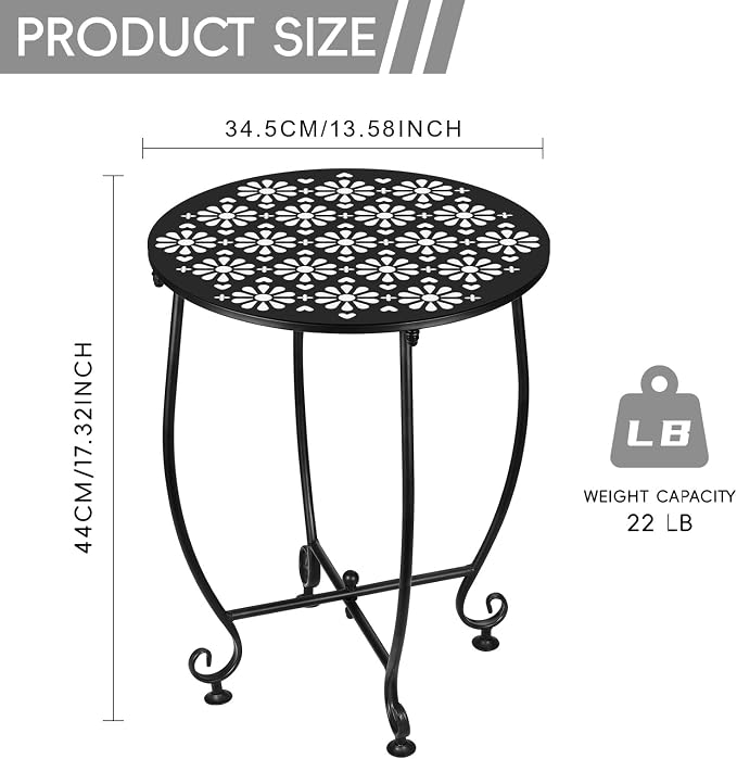 Small Outdoor Side Tables - 14 Inch Metal Patio Side Table, Anti-Rust Waterproof Outdoor Round End Table for Patio Porch Garden Yard Balcony, Black (Style E)