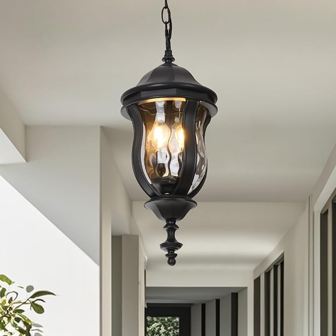 Large Outdoor Pendant Light Fixtures, 19.1'' Exterior Hanging Lantern Porch Light Adjustable, Black Hanging Lamp Farmhouse Exterior Chandelier Ceiling Mount for Entrance Patio