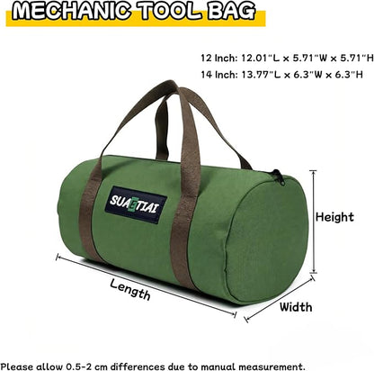12 Inch Small Tool Bags for Men, Wide Mouth Zipper Tool Storage Bag, Large Capacity Canvas Tool Tote Bag, Multi-Function Tool bag for Storage Wrenches, Screwdrivers, Repair Tools (Green)