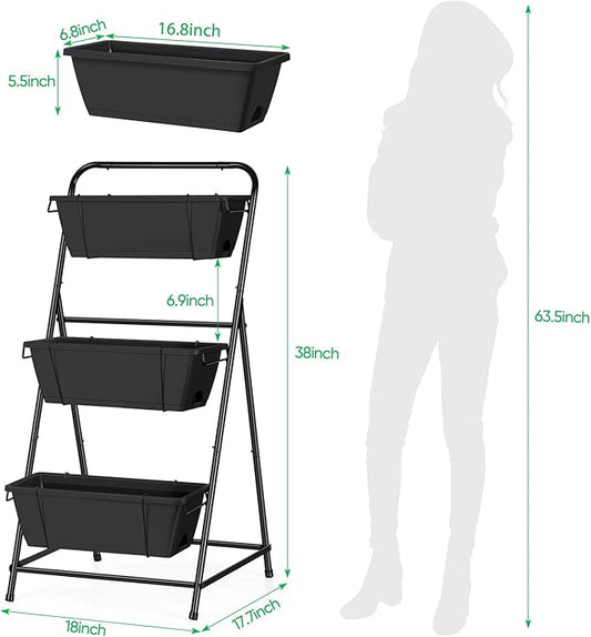 Raised Garden Bed 3 Tier Vertical Garden Planter Elevated Planter Boxes Outdoor Herb Planter with Drainage Holes Removable Tray for Patio Balcony Porch Black
