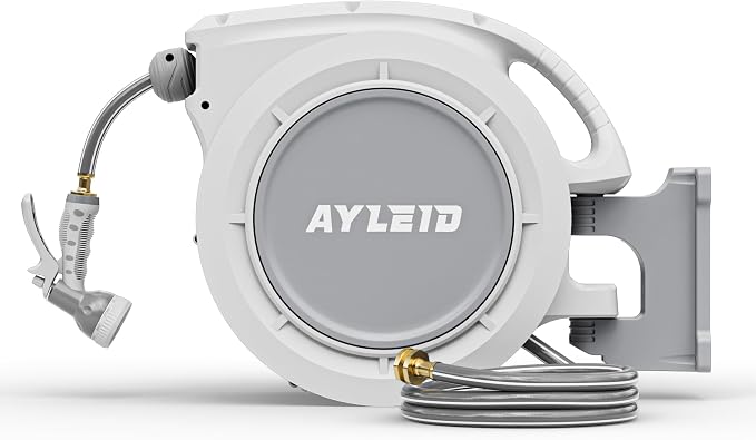 Ayleid Retractable Rubber Hybrid Garden Hose Reel, 1/2"x100ft Wall Mount | Anti-freeze, kink-free premium rubber hybrid hose, 24-month warranty, 9-pattern sprayer, any-length lock, slow auto-return.