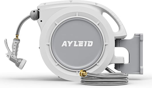 Ayleid Retractable Rubber Hybrid Garden Hose Reel, 1/2"x65ft Wall Mount | Anti-freeze, kink-free premium rubber hybrid hose, 24-month warranty, 9-pattern sprayer, any-length lock, slow auto-return.